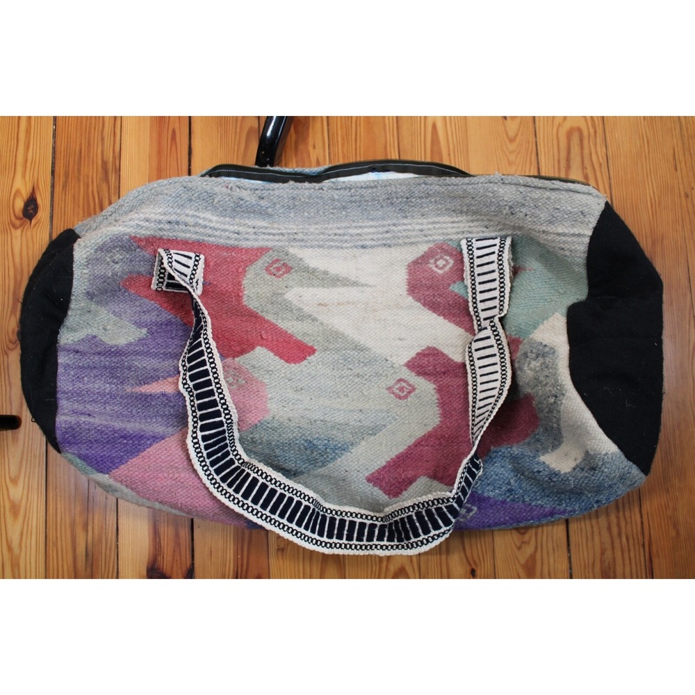 Vtg Mid Century Modern Wool Fabric Geometric Bird Duffle Bag